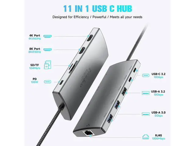 Alt view image 2 of 7 - AUTYUE USB C Docking Station Dual Monitor, 11-in-1 USB C Hub Multiport Type C Adapter with 2 HDMI 4K/8K, 3 USB 3.2 Ports 10Gbps(2C+1A), 2 USB 3.0 Ports, 100W PD, Gigabit Ethernet, SD/TF Card Reader