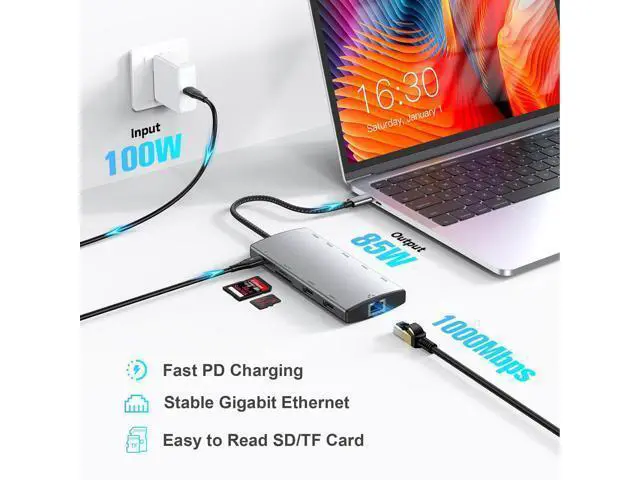 Alt view image 5 of 7 - AUTYUE USB C Docking Station Dual Monitor, 11-in-1 USB C Hub Multiport Type C Adapter with 2 HDMI 4K/8K, 3 USB 3.2 Ports 10Gbps(2C+1A), 2 USB 3.0 Ports, 100W PD, Gigabit Ethernet, SD/TF Card Reader