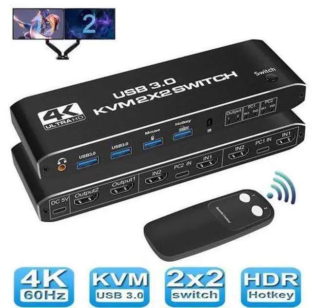 Main image of USB 3.0 HDMI KVM Switch 2 Monitors 2 Computers, 4K@60Hz Dual Monitor HDMI KVM switches 2 in 2 Out with Audio, USB 3.0 Hub Share Keyboard Video Mouse Peripherals, Hotkey,Black