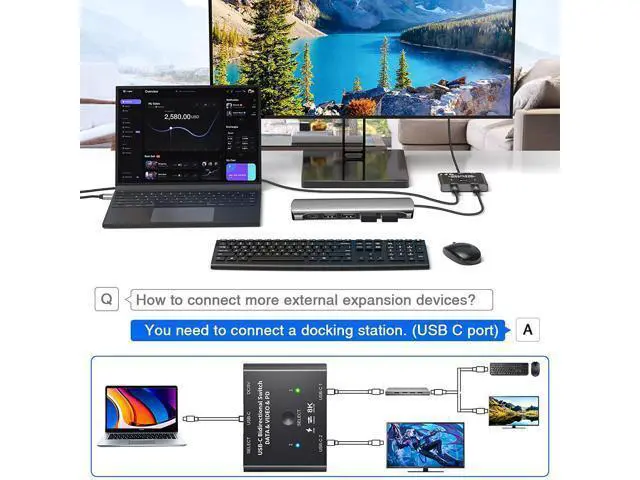 Alt view image 4 of 7 - USB-C Switch,Bi-Directional USB C Switcher 2 in 1 Out/1 in 2 Out Type C KVM Switch Supports 8K @60Hz,4K @120Hz Video / 10Gbps Data Transfer/ 100w Power Delivery Compatible with Thunderbolt Device