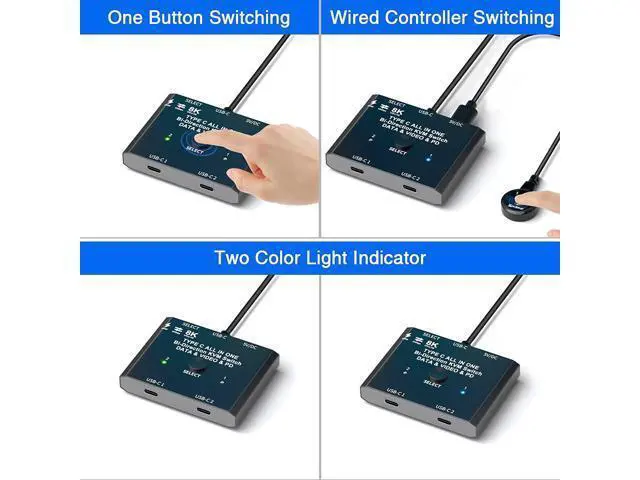 Alt view image 5 of 7 - USB-C Switch,Bi-Directional USB C Switcher 2 in 1 Out/1 in 2 Out Type C KVM Switch Supports 8K @60Hz,4K @120Hz Video / 10Gbps Data Transfer/ 100w Power Delivery Compatible with Thunderbolt Device