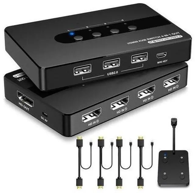 Main image of HDMI KVM Switch 4 Computers 1 Monitor, 4 Port HDMI KVM Switch Support 4K@30HZ with 3 USB 2.0 Port to Share Keyboard Mouse Printer, 4 in 1 Out HDMI Monitor KVM Switch with Remote Control& Button Switch