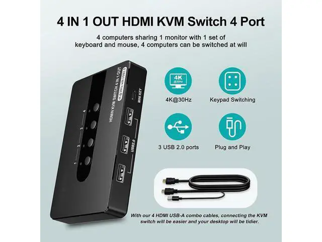 Alt view image 2 of 7 - HDMI KVM Switch 4 Computers 1 Monitor, 4 Port HDMI KVM Switch Support 4K@30HZ with 3 USB 2.0 Port to Share Keyboard Mouse Printer, 4 in 1 Out HDMI Monitor KVM Switch with Remote Control& Button Switch