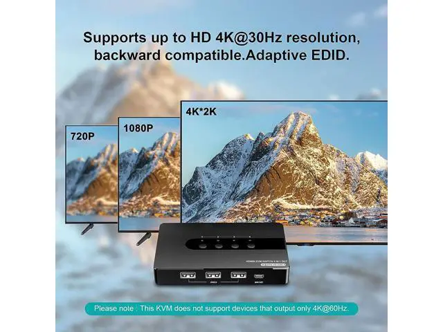Alt view image 5 of 7 - HDMI KVM Switch 4 Computers 1 Monitor, 4 Port HDMI KVM Switch Support 4K@30HZ with 3 USB 2.0 Port to Share Keyboard Mouse Printer, 4 in 1 Out HDMI Monitor KVM Switch with Remote Control& Button Switch