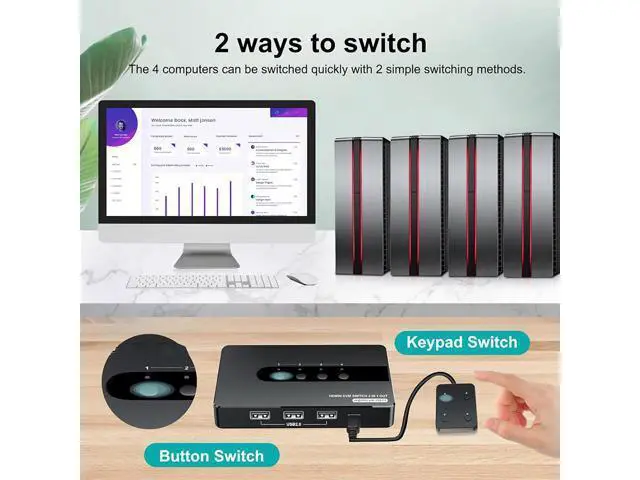 Alt view image 4 of 7 - HDMI KVM Switch 4 Computers 1 Monitor, 4 Port HDMI KVM Switch Support 4K@30HZ with 3 USB 2.0 Port to Share Keyboard Mouse Printer, 4 in 1 Out HDMI Monitor KVM Switch with Remote Control& Button Switch