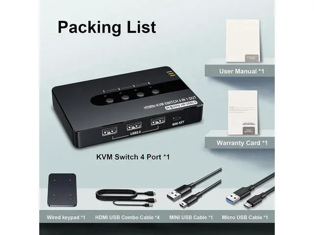 Alt view image 7 of 7 - HDMI KVM Switch 4 Computers 1 Monitor, 4 Port HDMI KVM Switch Support 4K@30HZ with 3 USB 2.0 Port to Share Keyboard Mouse Printer, 4 in 1 Out HDMI Monitor KVM Switch with Remote Control& Button Switch