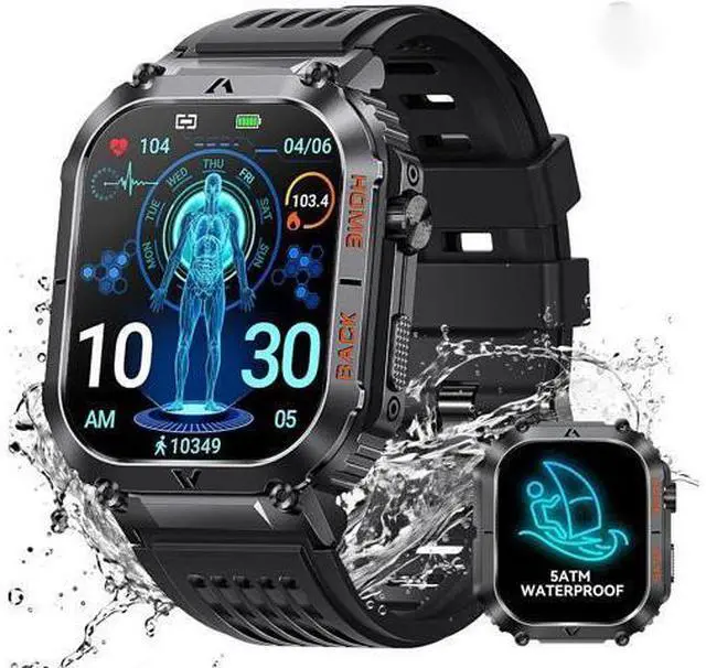 Main image of Hitoor Military Smart Watch for Men, 5ATM Waterproof with Call 2.02" Large Screen Rugged Outdoor Tactical Smartwatch with Compass Fitness Watch with Heart Rate Blood Pressure Monitor for IOS Android