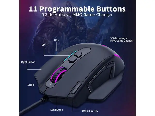 Alt view image 4 of 7 - Hitoor Large RGB Gaming Mouse Wired, 12400 DPI Wired Gamer Mouse with 6 Side Buttons & 7 Backlit Modes, Computer Gaming Mice, USB Wired Gaming Mouse for PC/Mac and Laptop - Black giyqxHw