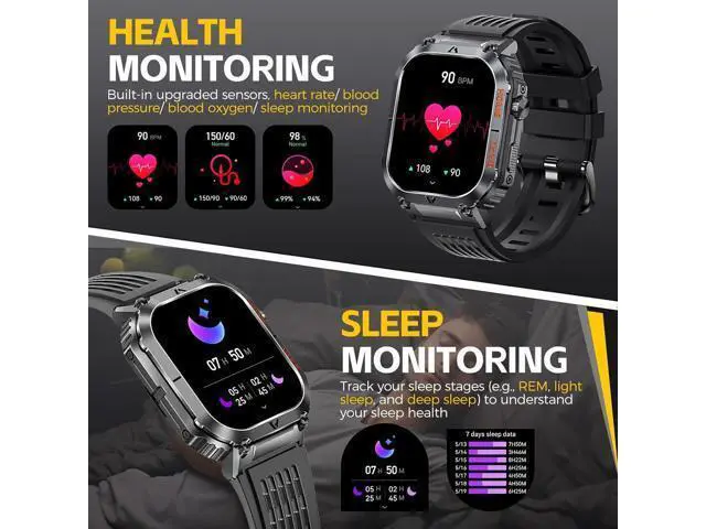 Alt view image 5 of 7 - Hitoor Military Smart Watch for Men, 5ATM Waterproof with Call 2.02" Large Screen Rugged Outdoor Tactical Smartwatch with Compass Fitness Watch with Heart Rate Blood Pressure Monitor for IOS Android