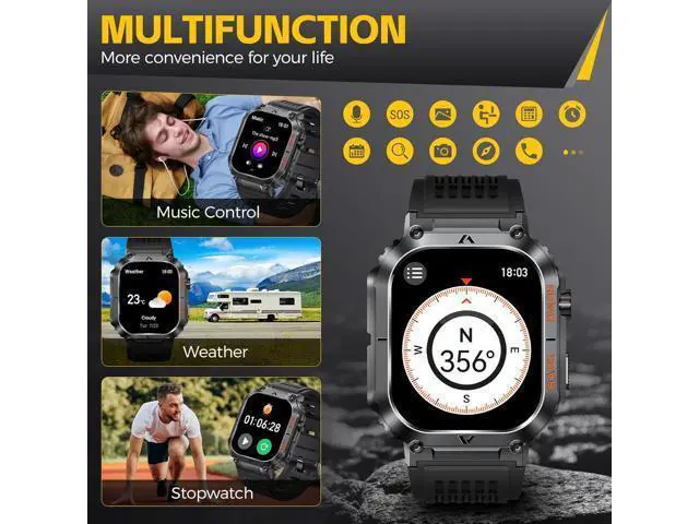 Alt view image 6 of 7 - Hitoor Military Smart Watch for Men, 5ATM Waterproof with Call 2.02" Large Screen Rugged Outdoor Tactical Smartwatch with Compass Fitness Watch with Heart Rate Blood Pressure Monitor for IOS Android