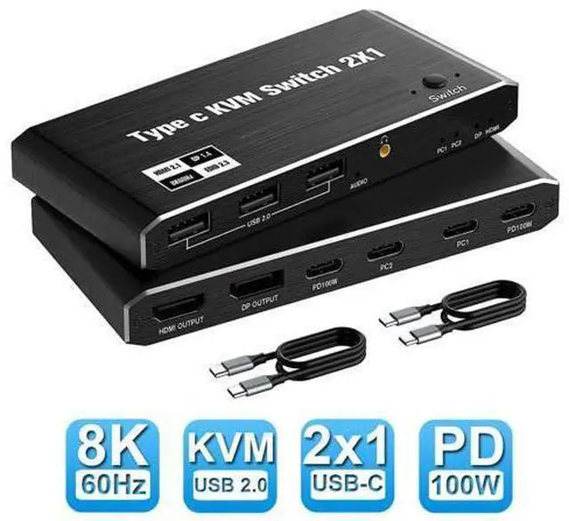 Main image of 2x1 USB C KVM Switch 8K @60Hz, 2 Port Type C KVM Switch for 2 Computers Share 1 Monitor, 2 Type C in HDMI + DP Out, USB C KVM Switch with 3 USB 2.0 Ports & 100W Power Delivery, 2 USB-C Cables Included