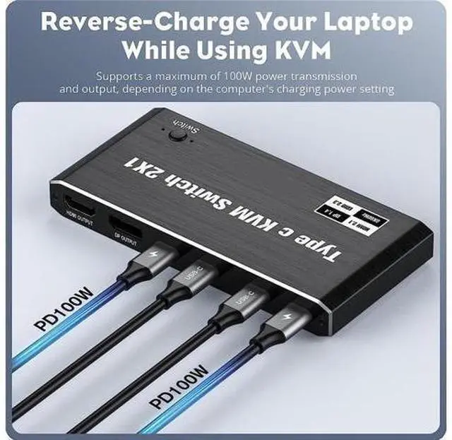 Alt view image 4 of 7 - 2x1 USB C KVM Switch 8K @60Hz, 2 Port Type C KVM Switch for 2 Computers Share 1 Monitor, 2 Type C in HDMI + DP Out, USB C KVM Switch with 3 USB 2.0 Ports & 100W Power Delivery, 2 USB-C Cables Included