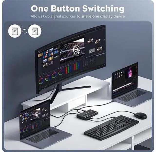 Alt view image 3 of 7 - 2x1 USB C KVM Switch 8K @60Hz, 2 Port Type C KVM Switch for 2 Computers Share 1 Monitor, 2 Type C in HDMI + DP Out, USB C KVM Switch with 3 USB 2.0 Ports & 100W Power Delivery, 2 USB-C Cables Included