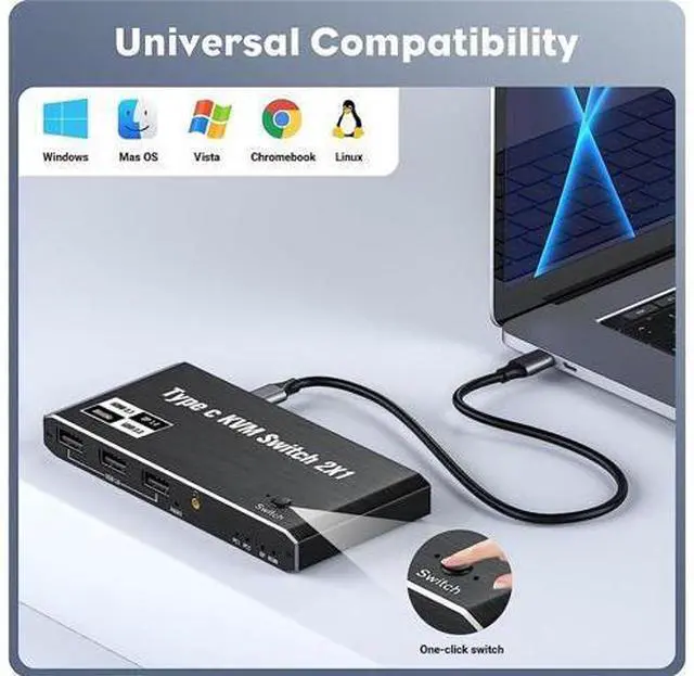 Alt view image 6 of 7 - 2x1 USB C KVM Switch 8K @60Hz, 2 Port Type C KVM Switch for 2 Computers Share 1 Monitor, 2 Type C in HDMI + DP Out, USB C KVM Switch with 3 USB 2.0 Ports & 100W Power Delivery, 2 USB-C Cables Included