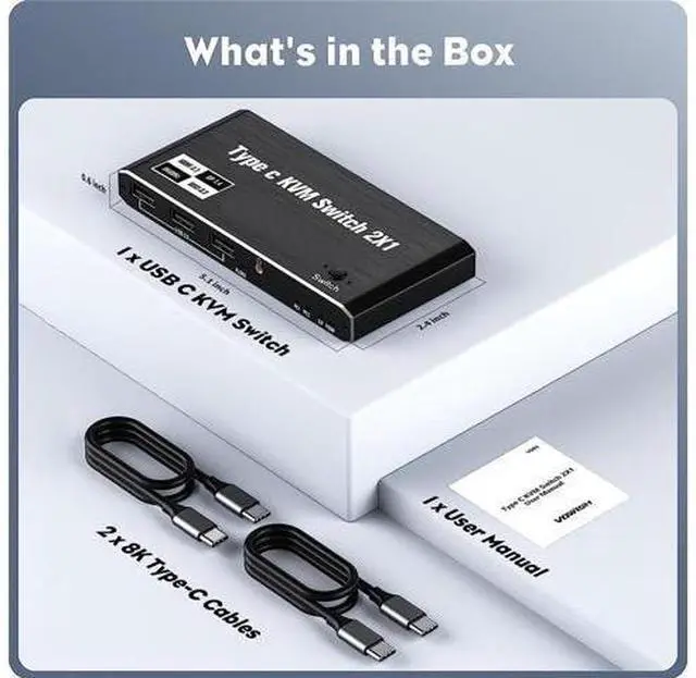 Alt view image 7 of 7 - 2x1 USB C KVM Switch 8K @60Hz, 2 Port Type C KVM Switch for 2 Computers Share 1 Monitor, 2 Type C in HDMI + DP Out, USB C KVM Switch with 3 USB 2.0 Ports & 100W Power Delivery, 2 USB-C Cables Included