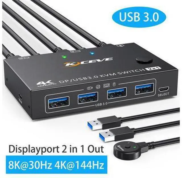 Main image of Hitoor Displayport KVM Switch 2 Computers 1 Monitor, USB 3.0 KVM Switch Displayport 8K@30Hz 4K@144Hz, DP KVM Switch 2 PC 1 Monitor Share 4 USB 3.0 Devices Keyboard Mouse Monitor, with Wired Remote