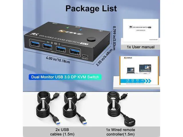 Alt view image 7 of 7 - Hitoor Displayport KVM Switch 2 Computers 1 Monitor, USB 3.0 KVM Switch Displayport 8K@30Hz 4K@144Hz, DP KVM Switch 2 PC 1 Monitor Share 4 USB 3.0 Devices Keyboard Mouse Monitor, with Wired Remote
