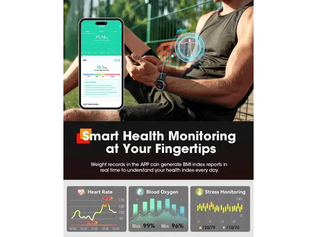 Alt view image 2 of 7 - Hitoor Sport Smart Watches for Men, Bluetooth Call Military Smart Watch, Waterproof Fitness Tracker with Heart Rate/Blood Oxygen/Sleep Monitor/124 Sports Modes, Tactical Watch for IOS Android Phones