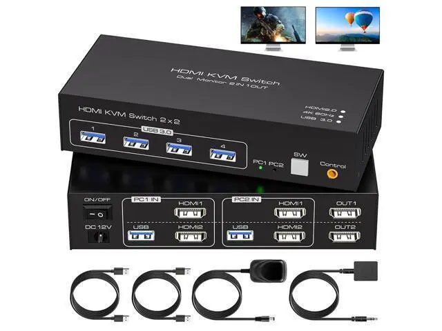 Main image of 2 Port HDMI Dual Monitor KVM Switch 2 Monitors 2 Computers 4K@60Hz, USB 3.0 KVM Switches for 2 PC or Laptops Share 1 Set of Keyboard Mouse Printer and Scanner Support Extended & Duplicate Mode