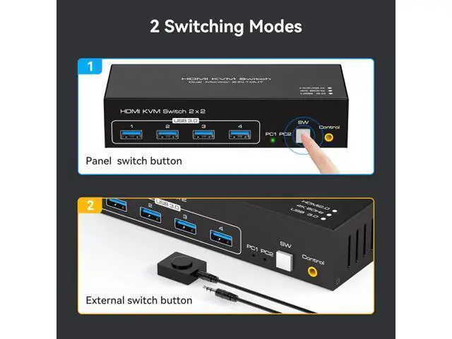 Alt view image 5 of 7 - 2 Port HDMI Dual Monitor KVM Switch 2 Monitors 2 Computers 4K@60Hz, USB 3.0 KVM Switches for 2 PC or Laptops Share 1 Set of Keyboard Mouse Printer and Scanner Support Extended & Duplicate Mode