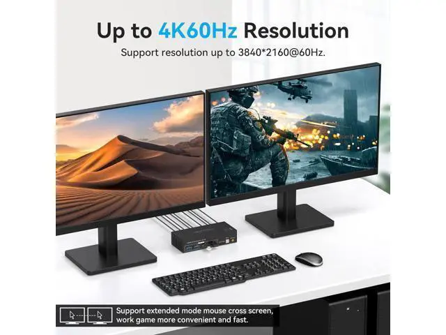 Alt view image 4 of 7 - 2 Port HDMI Dual Monitor KVM Switch 2 Monitors 2 Computers 4K@60Hz, USB 3.0 KVM Switches for 2 PC or Laptops Share 1 Set of Keyboard Mouse Printer and Scanner Support Extended & Duplicate Mode
