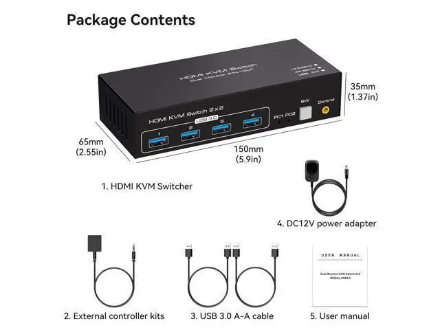 Alt view image 7 of 7 - 2 Port HDMI Dual Monitor KVM Switch 2 Monitors 2 Computers 4K@60Hz, USB 3.0 KVM Switches for 2 PC or Laptops Share 1 Set of Keyboard Mouse Printer and Scanner Support Extended & Duplicate Mode