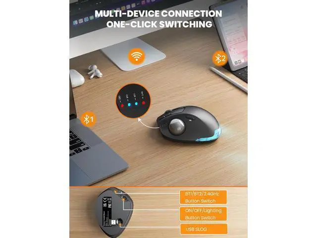 Alt view image 4 of 7 - Hitoor Wireless Trackball Mouse, Ergonomic Bluetooth Rechargeable Computer Mouse, Backlit Rollerball Thumb Laptop mice with 5 Level DPI, Adjustable Angle, 3 Devices Connection for PC, Mac, Windows