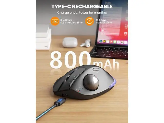 Alt view image 6 of 7 - Hitoor Wireless Trackball Mouse, Ergonomic Bluetooth Rechargeable Computer Mouse, Backlit Rollerball Thumb Laptop mice with 5 Level DPI, Adjustable Angle, 3 Devices Connection for PC, Mac, Windows
