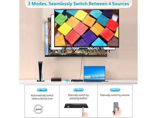 Alt view image 4 of 7 - 4 Port HDMI 2.1 Switch 4K@120Hz 8K@60Hz, 48Gbps transfer rate, HDMI Switcher 4 in 1 Out Support PS-5, X-box Series X, HDR10+, Do-lby Vision Do-l-by At-mos