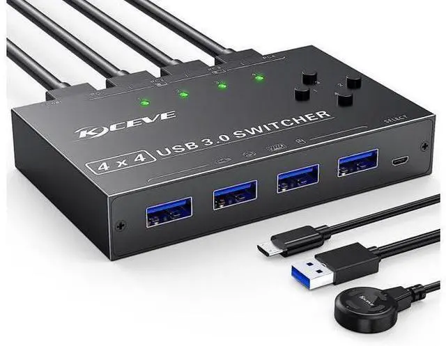 Main image of 4x4 USB 3.0 Switch, 4 Port USB Switch Selector for 4 Computers Sharing 4 USB Devices, Keyboard Mouse Switch, USB Switcher Compatible with Mac/Windows/Linux,Wired Remote and 4 USB 3.0 Cable Included