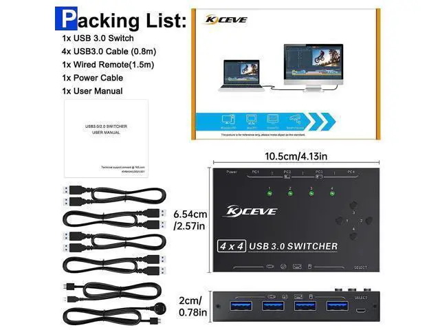 Alt view image 7 of 7 - 4x4 USB 3.0 Switch, 4 Port USB Switch Selector for 4 Computers Sharing 4 USB Devices, Keyboard Mouse Switch, USB Switcher Compatible with Mac/Windows/Linux,Wired Remote and 4 USB 3.0 Cable Included