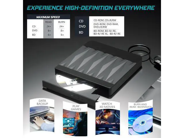 Alt view image 3 of 7 - Hitoor External Blu Ray Drive, USB 3.0 and Type-C External Blu Ray Burner Portable Blu Ray DVD/CD/BD Player, 3D Optical Bluray CD DVD Drive Compatible with Windows XP/7/8/10/11 MacOS Laptop Desktop