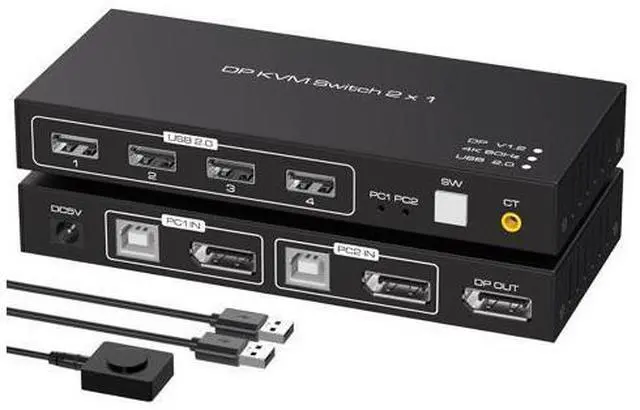 Main image of 2 Port Displayport KVM Switch 4K @60Hz, USB 2.0 DP 1.2 DP KVM Switches for 2 PC 1 Monitor Switch, DP KVM Switch 2 in 1 Out Support Wire-Desktop Controller Including 2 USB 2.0 Cable