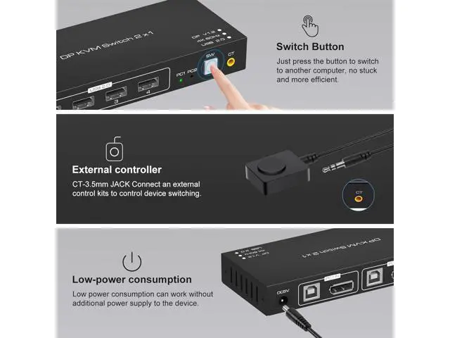 Alt view image 4 of 7 - 2 Port Displayport KVM Switch 4K @60Hz, USB 2.0 DP 1.2 DP KVM Switches for 2 PC 1 Monitor Switch, DP KVM Switch 2 in 1 Out Support Wire-Desktop Controller Including 2 USB 2.0 Cable