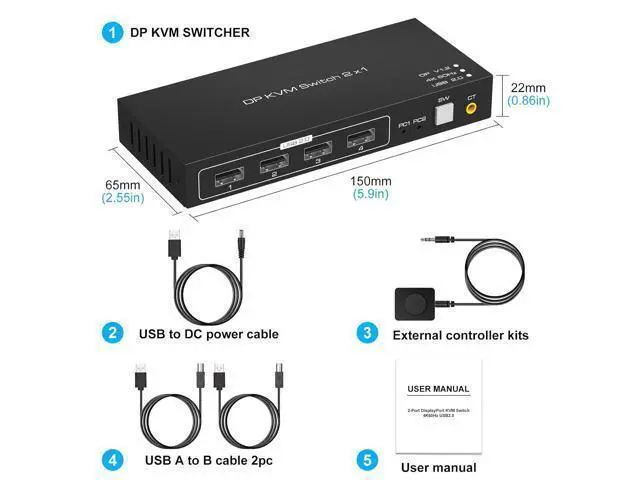 Alt view image 7 of 7 - 2 Port Displayport KVM Switch 4K @60Hz, USB 2.0 DP 1.2 DP KVM Switches for 2 PC 1 Monitor Switch, DP KVM Switch 2 in 1 Out Support Wire-Desktop Controller Including 2 USB 2.0 Cable
