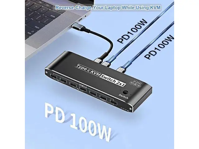 Alt view image 4 of 7 - 2x1 Type C KVM Switch, 8K Thunderbolt 4 USB C KVM Switch with Ethernet Port RJ45 100W PD Charge 4K 144Hz Type C KVM Switch Switcher for 2 Computer 1 Monitor