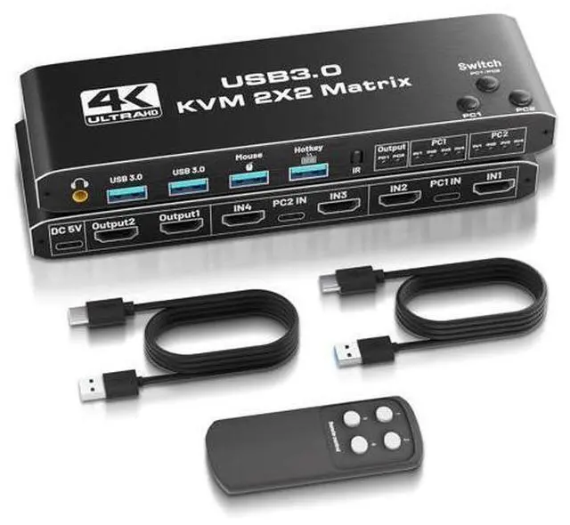 Main image of USB 3.0 HDMI KVM Switch 2 Monitors 2 Computers, HDMI Matrix 4 in 2 Out 4K 60Hz, HDMI KVM Switch for Dual Monitor, 4 Port HDMI Switcher Support USB 3.0,HDCP2.3, Hotkey,Extended with Remote Control