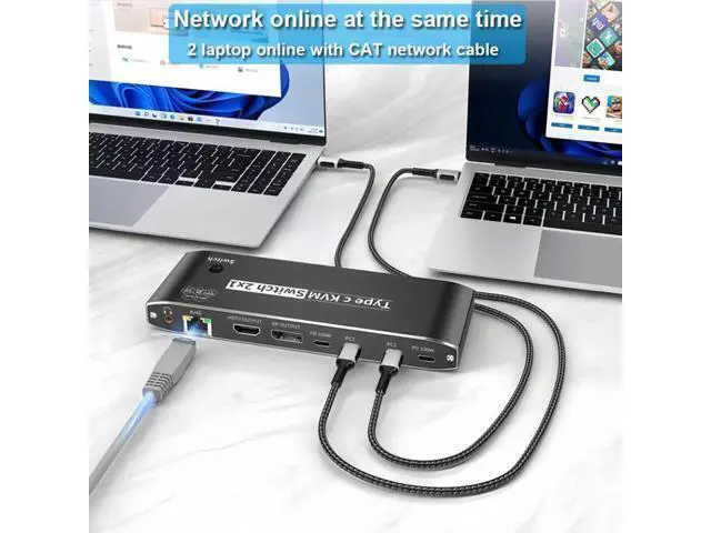 Alt view image 5 of 7 - 2x1 Type C KVM Switch, 8K Thunderbolt 4 USB C KVM Switch with Ethernet Port RJ45 100W PD Charge 4K 144Hz Type C KVM Switch Switcher for 2 Computer 1 Monitor