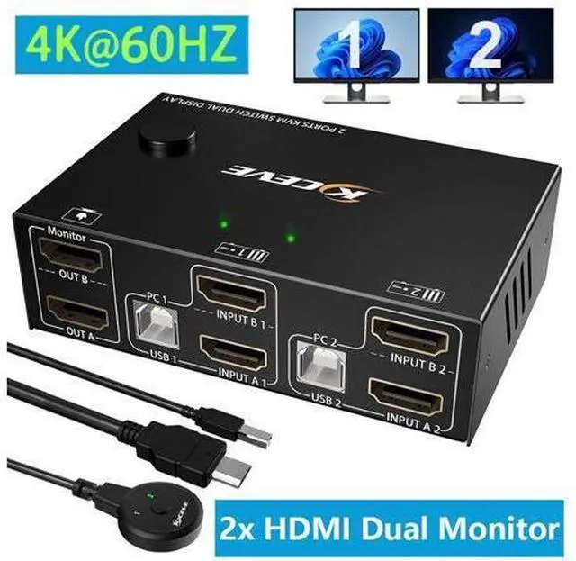 Main image of Dual Monitor HDMI KVM Switch, USB HDMI Extended Display Switcher for 2 PCs Share 2 Monitors and 4 USB 2.0 Hub, 2 Port HDMI Dual Monitor KVM Switch 2 in 2 Out, Desktop Controller and USB Cable Included