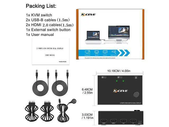 Alt view image 7 of 7 - Dual Monitor HDMI KVM Switch, USB HDMI Extended Display Switcher for 2 PCs Share 2 Monitors and 4 USB 2.0 Hub, 2 Port HDMI Dual Monitor KVM Switch 2 in 2 Out, Desktop Controller and USB Cable Included