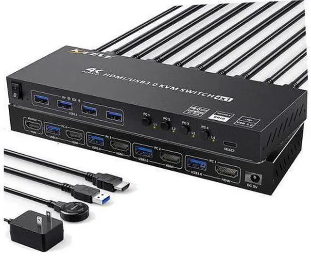 Main image of USB 3.0 KVM Switch HDMI 4 Port Support 4K @60Hz 2K @120Hz Simulation EDID, HDMI USB3.0 Switch for 4 Computers Share 1 Monitor with 4 USB 3.0 Port, with Desktop Controller and KVM Cables