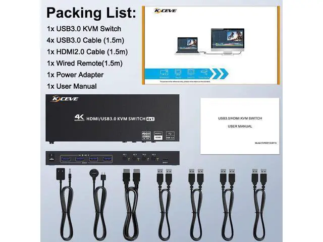 Alt view image 6 of 7 - USB 3.0 KVM Switch HDMI 4 Port Support 4K @60Hz 2K @120Hz Simulation EDID, HDMI USB3.0 Switch for 4 Computers Share 1 Monitor with 4 USB 3.0 Port, with Desktop Controller and KVM Cables