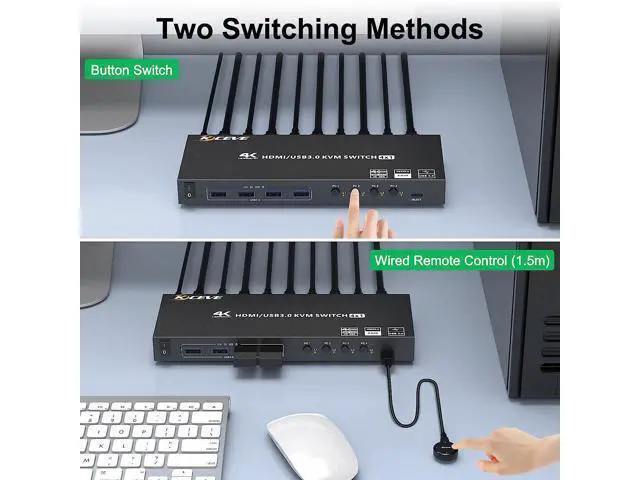 Alt view image 4 of 7 - USB 3.0 KVM Switch HDMI 4 Port Support 4K @60Hz 2K @120Hz Simulation EDID, HDMI USB3.0 Switch for 4 Computers Share 1 Monitor with 4 USB 3.0 Port, with Desktop Controller and KVM Cables
