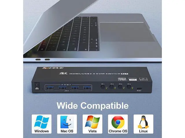 Alt view image 7 of 7 - USB 3.0 KVM Switch HDMI 4 Port Support 4K @60Hz 2K @120Hz Simulation EDID, HDMI USB3.0 Switch for 4 Computers Share 1 Monitor with 4 USB 3.0 Port, with Desktop Controller and KVM Cables