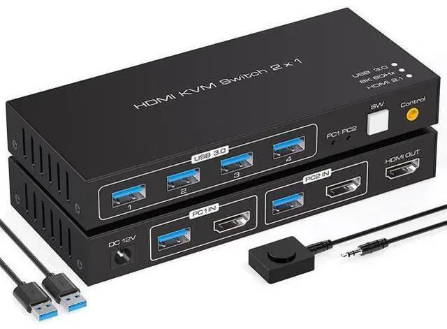 Main image of 2 Port HDMI KVM Switch 2 in 1 Out, USB 3.0 KVM Switcher for 2 Computers Share Keyboard Mouse Printer Support 8K @60HZ 4K @120HZ with 4 Port USB 3.0 Support Desktop Control Including 2 USB 3.0 Cable