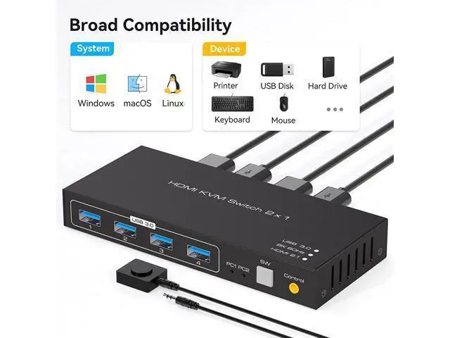 Alt view image 6 of 7 - 2 Port HDMI KVM Switch 2 in 1 Out, USB 3.0 KVM Switcher for 2 Computers Share Keyboard Mouse Printer Support 8K @60HZ 4K @120HZ with 4 Port USB 3.0 Support Desktop Control Including 2 USB 3.0 Cable