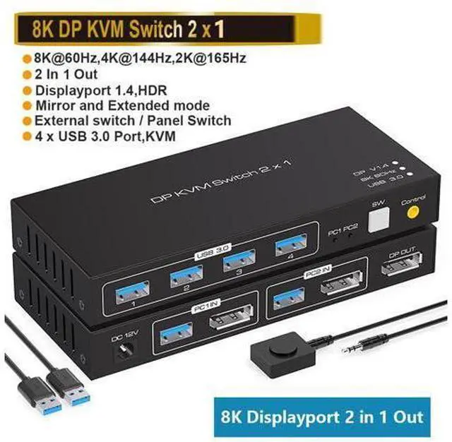 Main image of 2 Port Displayport KVM Switch 2 in 1 Out, Support 4K @120HZ 8K @60HZ DP 1.4 USB 3.0 KVM Switcher for 2 Computers Share Keyboard Mouse Printer with 4x USB 3.0 Includes Desktop Control and 2 USB Cables