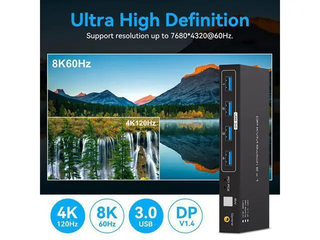 Alt view image 4 of 7 - 2 Port Displayport KVM Switch 2 in 1 Out, Support 4K @120HZ 8K @60HZ DP 1.4 USB 3.0 KVM Switcher for 2 Computers Share Keyboard Mouse Printer with 4x USB 3.0 Includes Desktop Control and 2 USB Cables