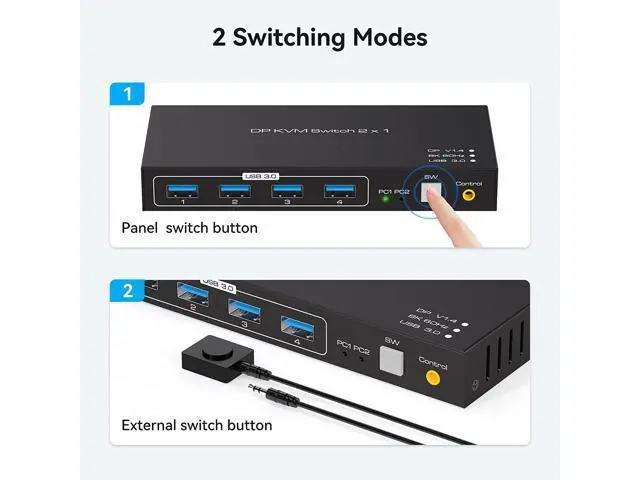 Alt view image 5 of 7 - 2 Port Displayport KVM Switch 2 in 1 Out, Support 4K @120HZ 8K @60HZ DP 1.4 USB 3.0 KVM Switcher for 2 Computers Share Keyboard Mouse Printer with 4x USB 3.0 Includes Desktop Control and 2 USB Cables