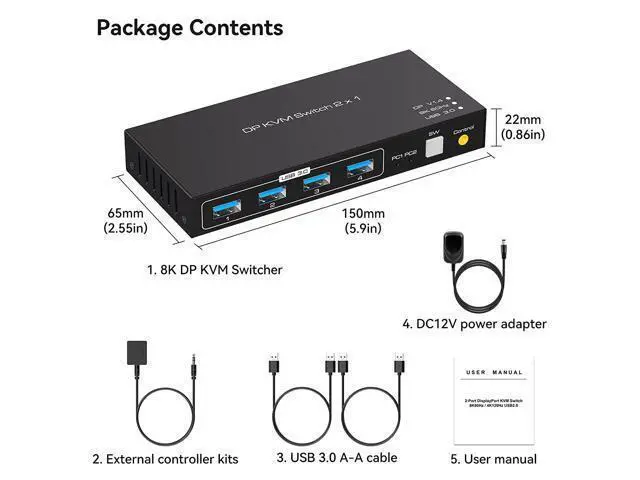 Alt view image 7 of 7 - 2 Port Displayport KVM Switch 2 in 1 Out, Support 4K @120HZ 8K @60HZ DP 1.4 USB 3.0 KVM Switcher for 2 Computers Share Keyboard Mouse Printer with 4x USB 3.0 Includes Desktop Control and 2 USB Cables